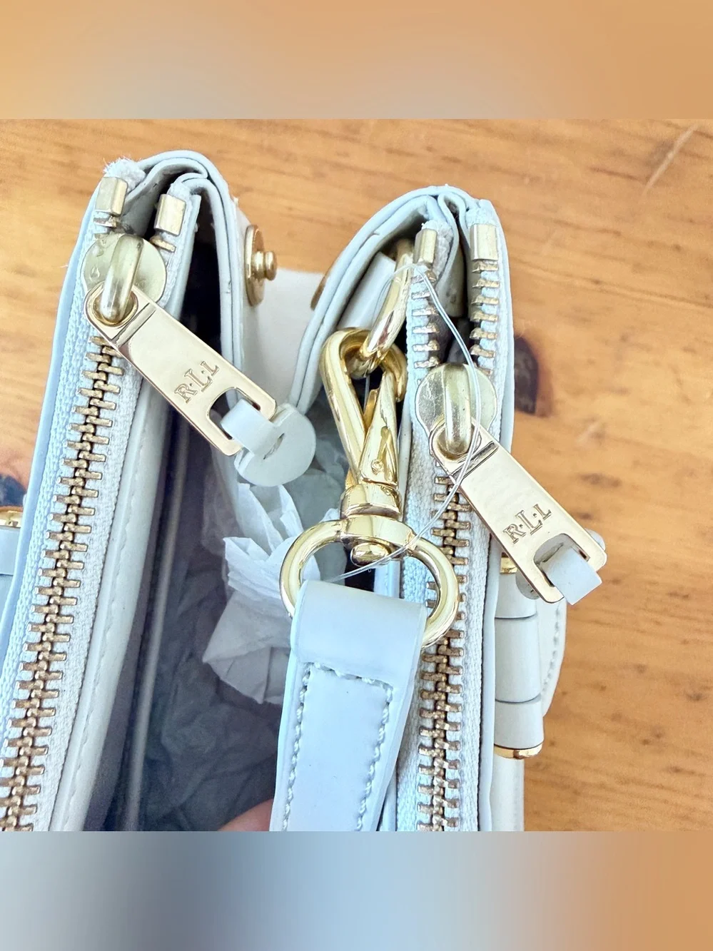 Lauren Ralph Lauren Taylor Belting Double Zip Ivory Embossed Leather Satchel NWT